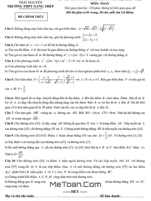 Đề thi thử Toán vào lớp 10 năm 2021 - 2022 trường THPT Gang Thép - Thái Nguyên