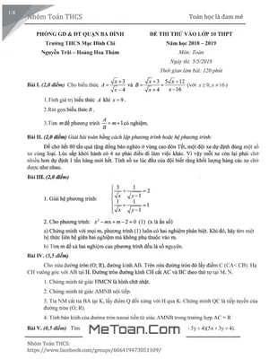 Đề thi thử Toán vào 10 năm 2018-2019 trường THCS Mạc Đĩnh Chi có lời giải
