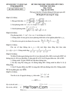 Đề thi chọn học sinh giỏi Toán 9 năm 2015 - 2016 Sở GD&ĐT Ninh Bình