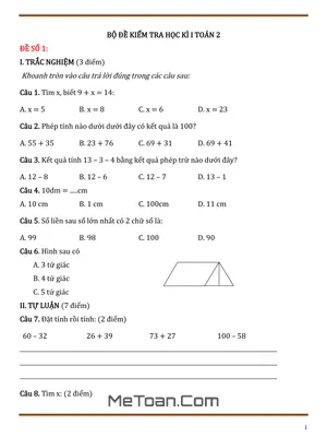 Bộ 20 đề thi cuối học kì 1 môn Toán lớp 2