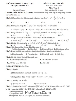 Đề thi học kì 1 Toán 8 năm 2024 - 2025 phòng GD&ĐT Chương Mỹ - Hà Nội