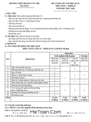 Đề cương ôn tập cuối học kỳ 2 Toán 10 năm học 2025 – 2026 trường THPT Hoàng Văn Thụ - Hà Nội