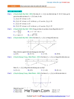 Tổng Ôn Tập TN THPT 2021 Môn Toán: Ứng Dụng Đạo Hàm Và Khảo Sát Hàm Số