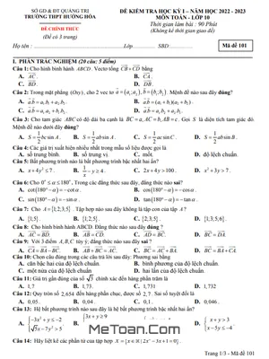 Trọn Bộ Đề Thi Cuối Kỳ 1 Toán 10 Năm 2022-2023 Trường THPT Hướng Hóa - Quảng Trị (Có Đáp Án)