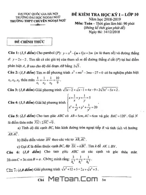 Đề thi học kỳ 1 Toán 10 năm 2018-2019 trường Chuyên Ngoại Ngữ - Hà Nội