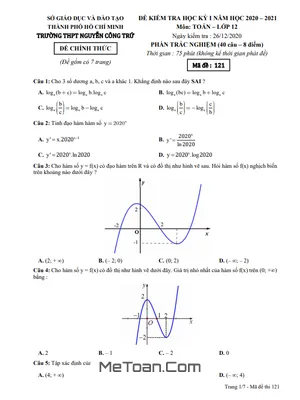 Đề thi HK1 Toán 12 năm 2020 – 2021 trường THPT Nguyễn Công Trứ – TP HCM