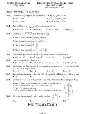 Đề thi HK1 Toán 12 năm học 2017 - 2018 Sở GD&ĐT Vĩnh Long [Có đáp án]