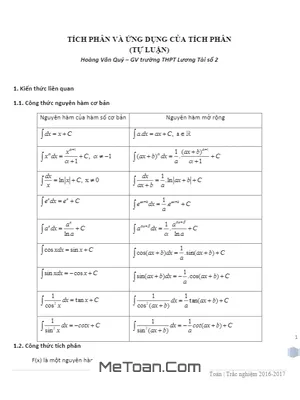 Tổng Hợp Bài Tập Nguyên Hàm, Tích Phân Và Ứng Dụng - Nhóm Toán