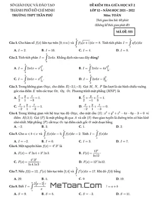 Đề thi giữa kỳ 2 Toán 12 năm 2021 - 2022 trường THPT Trần Phú - TP HCM (Mã đề 555)