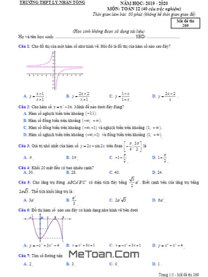 Đề KSCL Lần 1 Toán 12 Năm 2019 - 2020 Trường THPT Lý Nhân Tông - Bắc Ninh