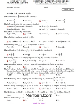 Đề Thi Cuối Kỳ 1 Toán 11 Năm 2023 - 2024 Trường THPT Ngọc Tảo - Hà Nội