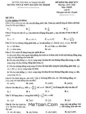 Đề thi HK1 Toán 11 năm 2019 – 2020 trường Nguyễn Tất Thành – Hà Nội