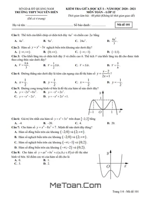 Đề thi giữa HK1 Toán 12 năm 2020 - 2021 trường THPT Nguyễn Hiền - Quảng Nam