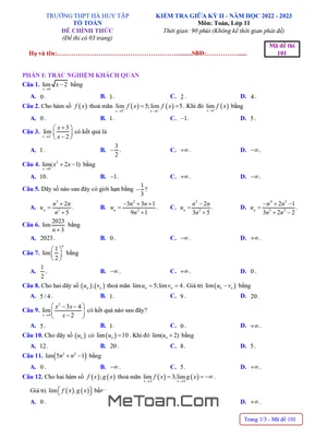 Đề Thi Giữa Kỳ 2 Môn Toán Lớp 11 Năm 2022 - 2023 Trường THPT Hà Huy Tập - Nghệ An