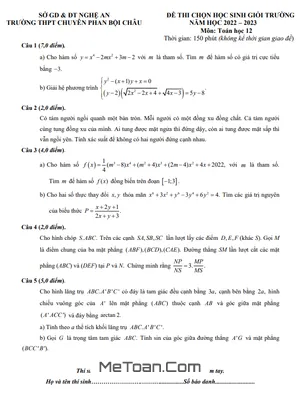 Đề chọn HSG trường Toán 12 năm 2022 – 2023 trường chuyên Phan Bội Châu – Nghệ An