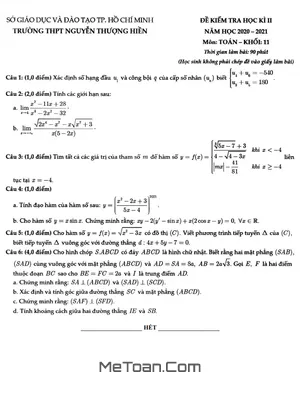 Đề thi HK2 Toán 11 năm 2020 - 2021 trường THPT Nguyễn Thượng Hiền - TP HCM