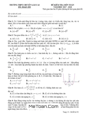 Đề thi thử Toán THPTQG 2018 trường THPT chuyên Lào Cai có đáp án