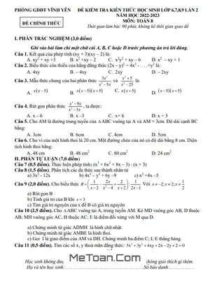 Đề Kiểm Tra Toán 8 Lần 2 Năm 2022 - 2023 Phòng GD&ĐT Vĩnh Yên - Vĩnh Phúc