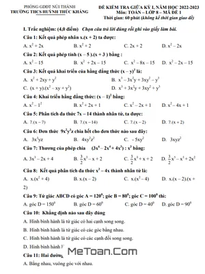 Đề thi giữa kỳ 1 Toán 8 năm 2022 - 2023 trường THCS Huỳnh Thúc Kháng - Quảng Nam