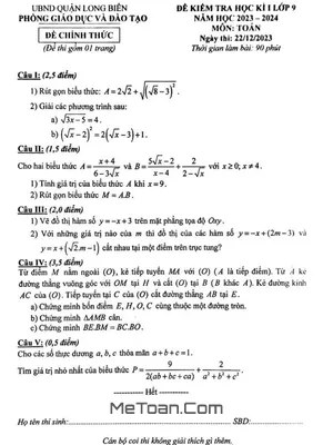 Đề Thi Học Kì 1 Toán 9 Năm 2023 - 2024 Phòng GD&ĐT Long Biên - Hà Nội