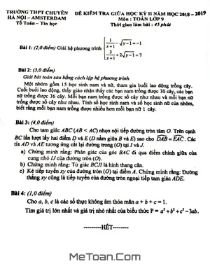 Đề thi giữa HK2 Toán 9 năm 2018 - 2019 trường chuyên Hà Nội - Amsterdam