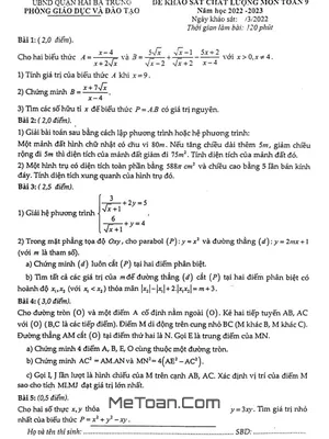 Đề khảo sát chất lượng Toán 9 năm 2022 - 2023 phòng GD&ĐT Hai Bà Trưng - Hà Nội