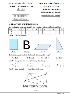 Đề thi học kì 2 Toán lớp 6 năm 2022 - 2023 trường THCS Vân Đồn - TP HCM