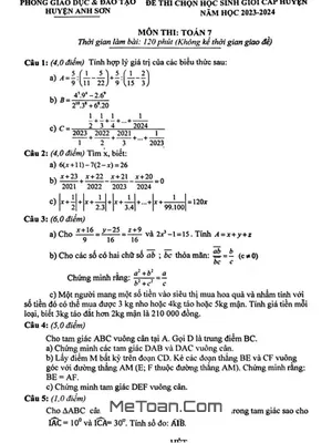 Đề thi học sinh giỏi Toán 7 năm 2023 - 2024 phòng GD&ĐT Anh Sơn, Nghệ An