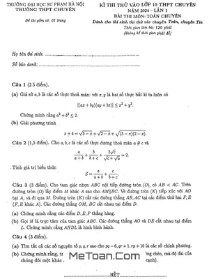 Đề thi thử vào 10 chuyên Toán 2024 lần 1 trường chuyên ĐHSP Hà Nội