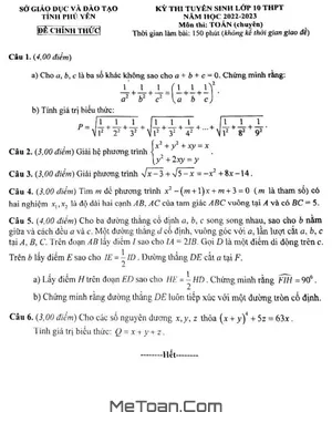 Đề thi Tuyển sinh lớp 10 môn Toán (chuyên) năm 2022 - 2023 Sở GD&ĐT Phú Yên