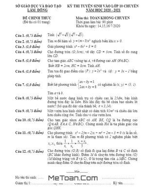 Đề thi tuyển sinh lớp 10 môn Toán năm 2020 - 2021 Sở GD&ĐT Lâm Đồng