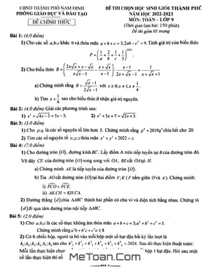 Đề thi học sinh giỏi Toán 9 năm 2022 - 2023 phòng GD&ĐT thành phố Nam Định