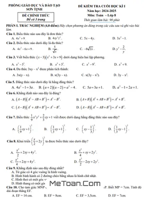 Đề thi học kì 1 Toán lớp 8 năm 2024 - 2025 phòng GD&ĐT Sơn Tịnh - Quảng Ngãi
