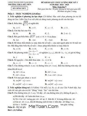 Đề thi học kỳ 1 Toán 9 năm 2024 - 2025 trường THCS Mỹ Tiến - Nam Định