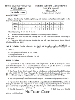 Đề khảo sát tháng 1 Toán 9 năm 2024 - 2025 phòng GD&ĐT Gia Lâm - Hà Nội
