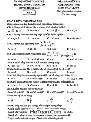 Đề Thi Giữa Kỳ 1 Môn Toán Lớp 9 Năm Học 2025 - 2026 Trường THCS Lê Thị Hồng Gấm, Đà Nẵng