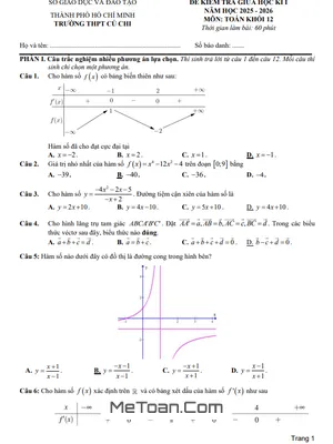 Đề thi giữa học kỳ 1 Toán 12 năm 2025 – 2026 trường THPT Củ Chi – TP.HCM (Có Đáp Án)