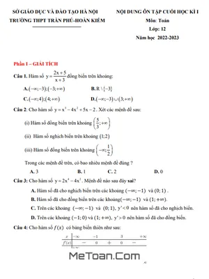 Ôn thi học kì 1 Toán 12 năm 2022 - 2023 trường THPT Trần Phú - Hà Nội