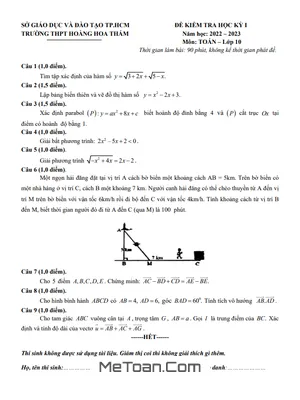 Đề thi học kỳ 1 Toán 10 năm 2022 - 2023 trường THPT Hoàng Hoa Thám - TP.HCM
