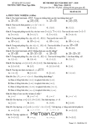 Đề thi HK1 Toán 10 năm học 2017 - 2018 trường THPT Phan Ngọc Hiển - Cà Mau (Có đáp án)