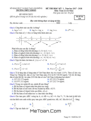 Đề thi HK1 Toán 12 cơ bản năm học 2017 - 2018 trường THPT Yersin - Lâm Đồng
