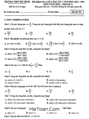 Đề Thi Giữa Kì 1 Toán 11 Năm 2023 - 2024 Trường THPT Hồ Thị Bi - TP.HCM