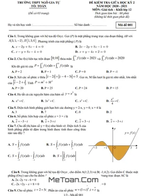 Đề thi giữa học kỳ 2 Toán 12 năm 2020 - 2021 trường THPT Ngô Gia Tự - Đắk Lắk