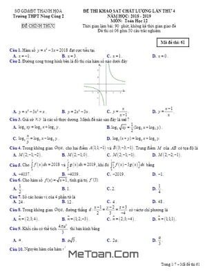 Đề thi KSCL Toán 12 lần 4 năm 2018 – 2019 trường Nông Cống 2 – Thanh Hóa