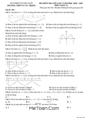 Đề thi giữa HK1 Toán 12 năm 2020 - 2021 trường THPT Lý Tự Trọng - Quảng Nam