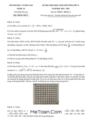 Đề chọn học sinh giỏi tỉnh Toán 12 năm 2022 - 2023 sở GD&ĐT Nghệ An