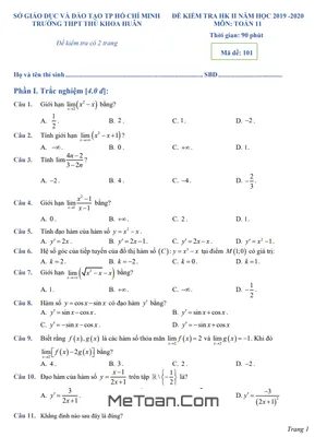 Đề thi học kì 2 Toán 11 năm 2019 - 2020 trường THPT Thủ Khoa Huân - TP HCM
