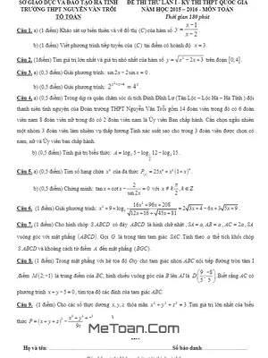 Đề thi thử THPT Quốc gia 2016 môn Toán trường Nguyễn Văn Trỗi – Hà Tĩnh lần 1