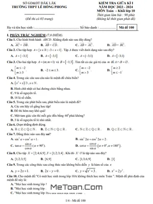 Đề Thi Giữa Kì 1 Toán 10 Năm 2023 - 2024 Trường THPT Lê Hồng Phong - Đắk Lắk