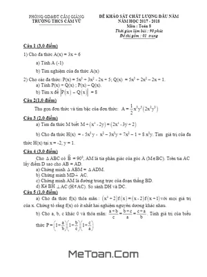 Đề KSCL Đầu Năm Lớp 8 Môn Toán Trường THCS Cẩm Vũ - Hải Dương Năm 2017 - 2018